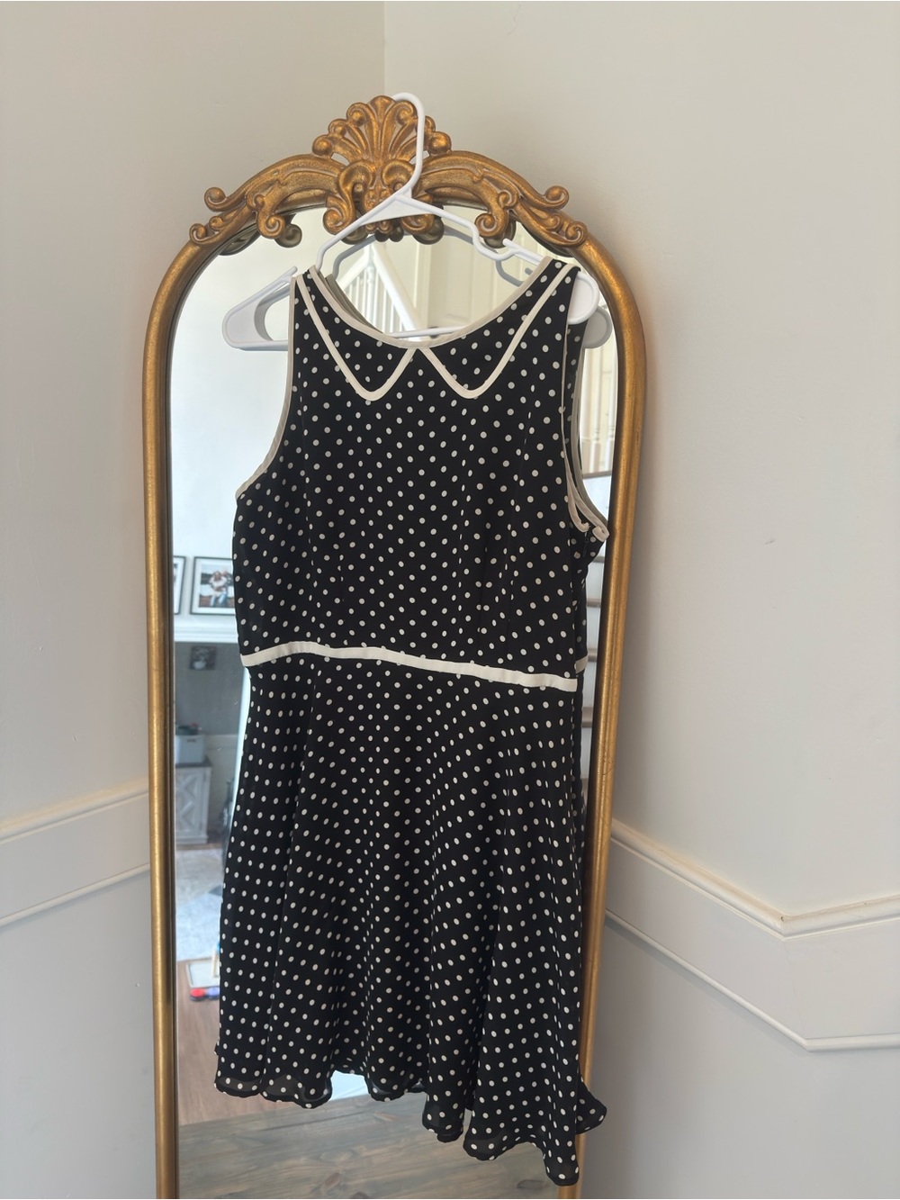 LC Lauren Conrad Black Polka Dot Midi Dress with White Trim